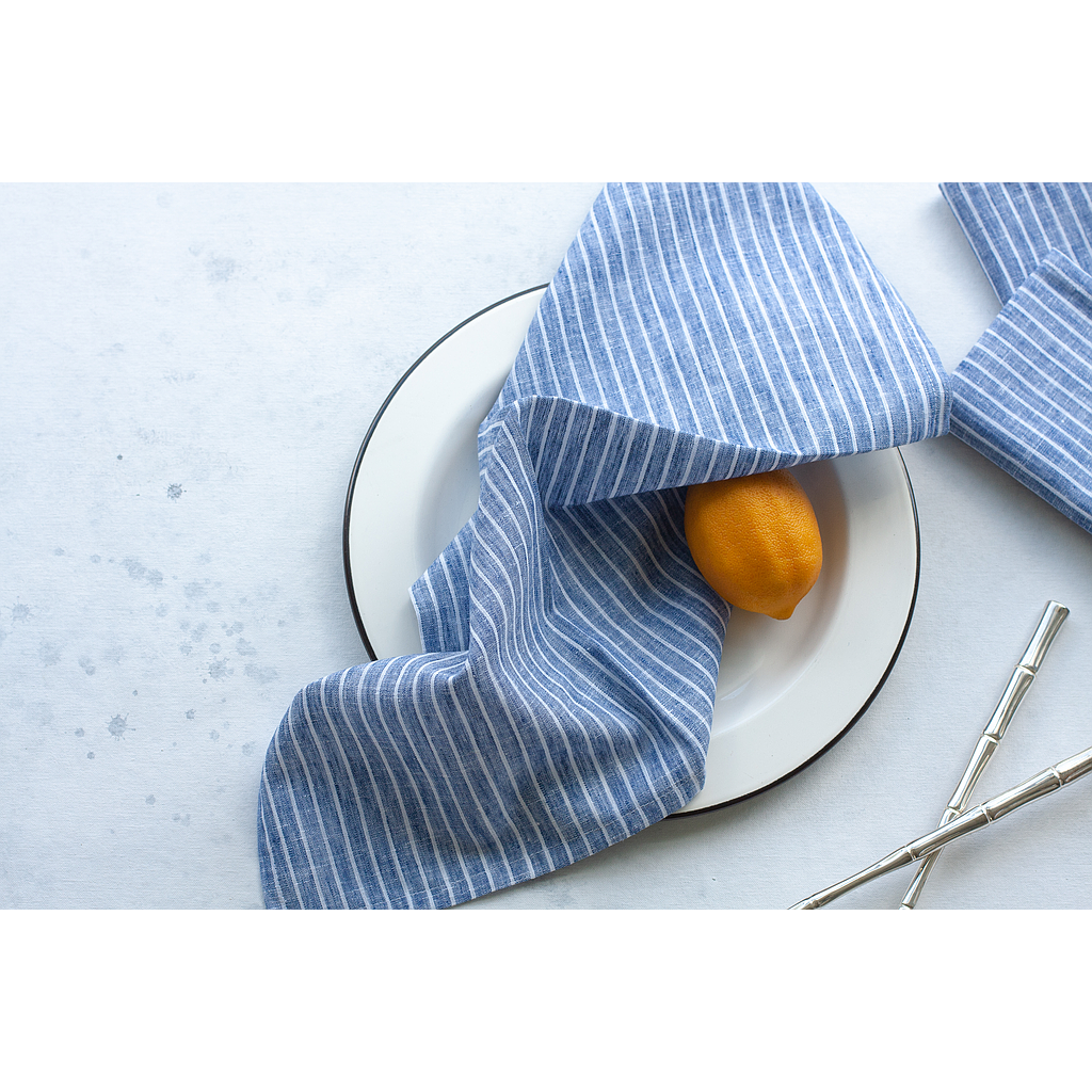 MAOLI-LINO-AZUL RAYAS BLANCAS DELGADAS-0-SET DE 6 SERVILLETAS