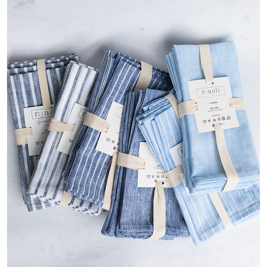 MAOLI-LINO-AZUL RAYAS BLANCAS GRUESAS-0-SET DE 6 SERVILLETAS